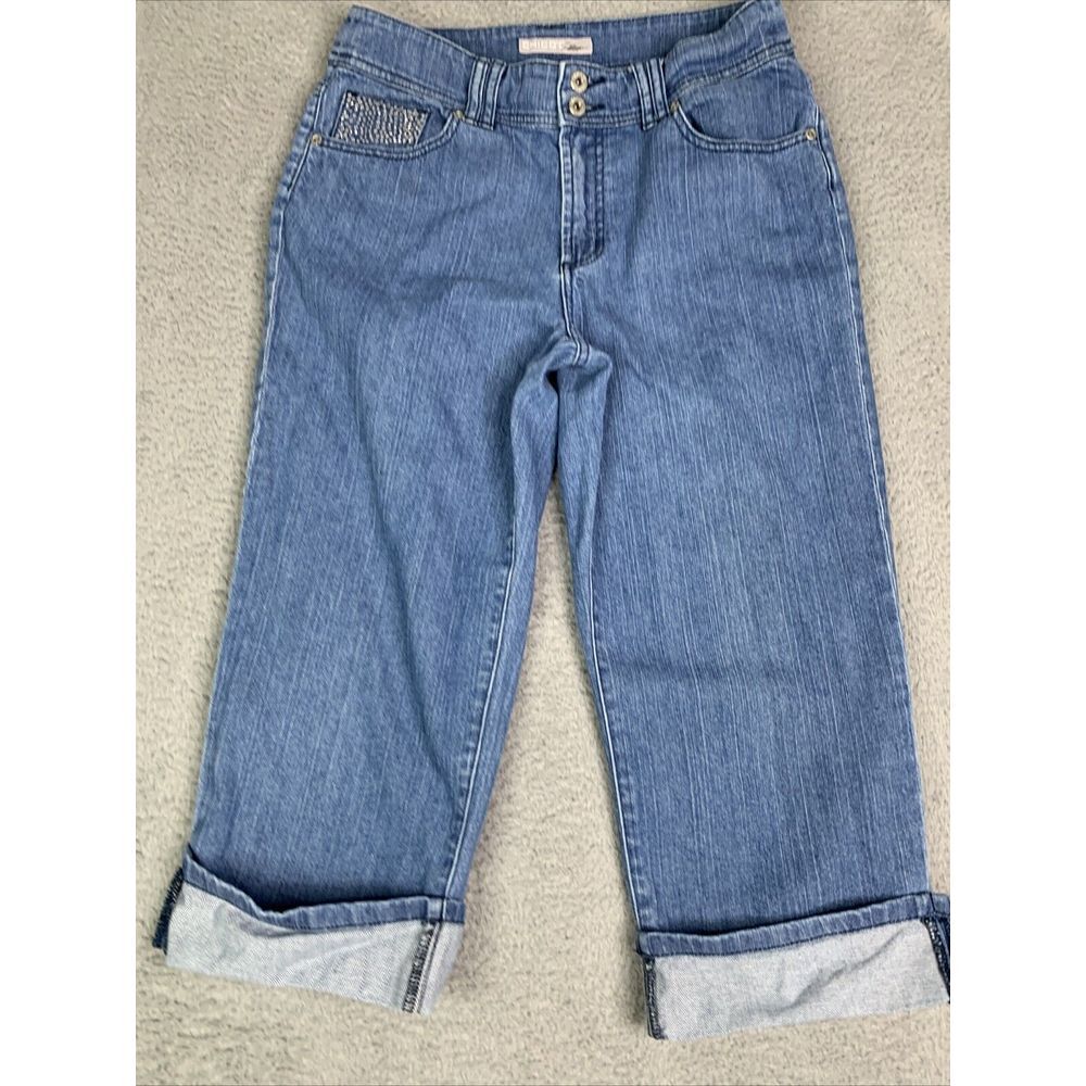 Chicos Jeans Womens Size 1 Claire CP Jeans‎ Platinum Button Rolled Cuffed Beaded